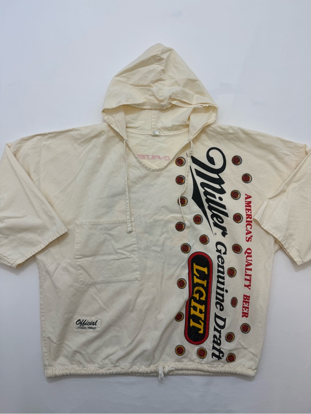 Vintage Miller Genuine Draft Light Hooded Sack Tee Cream Black & Red Logo
